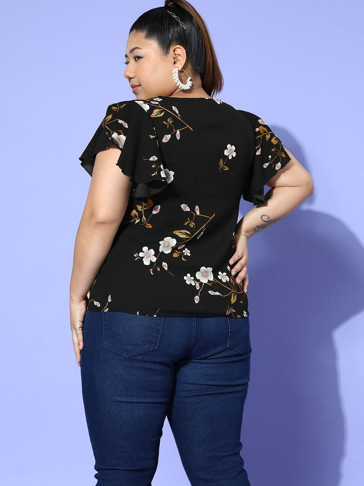 Berrylush Curve Floral Print Flutter Sleeve Ruffles Top