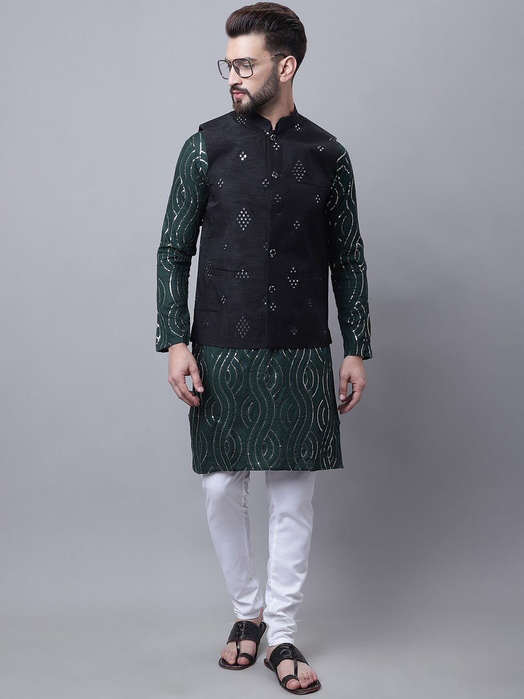 SOJANYA Kurta Kapas Tulen Bersulam Labuci Lelaki Dengan Piyama & Jaket Nehru