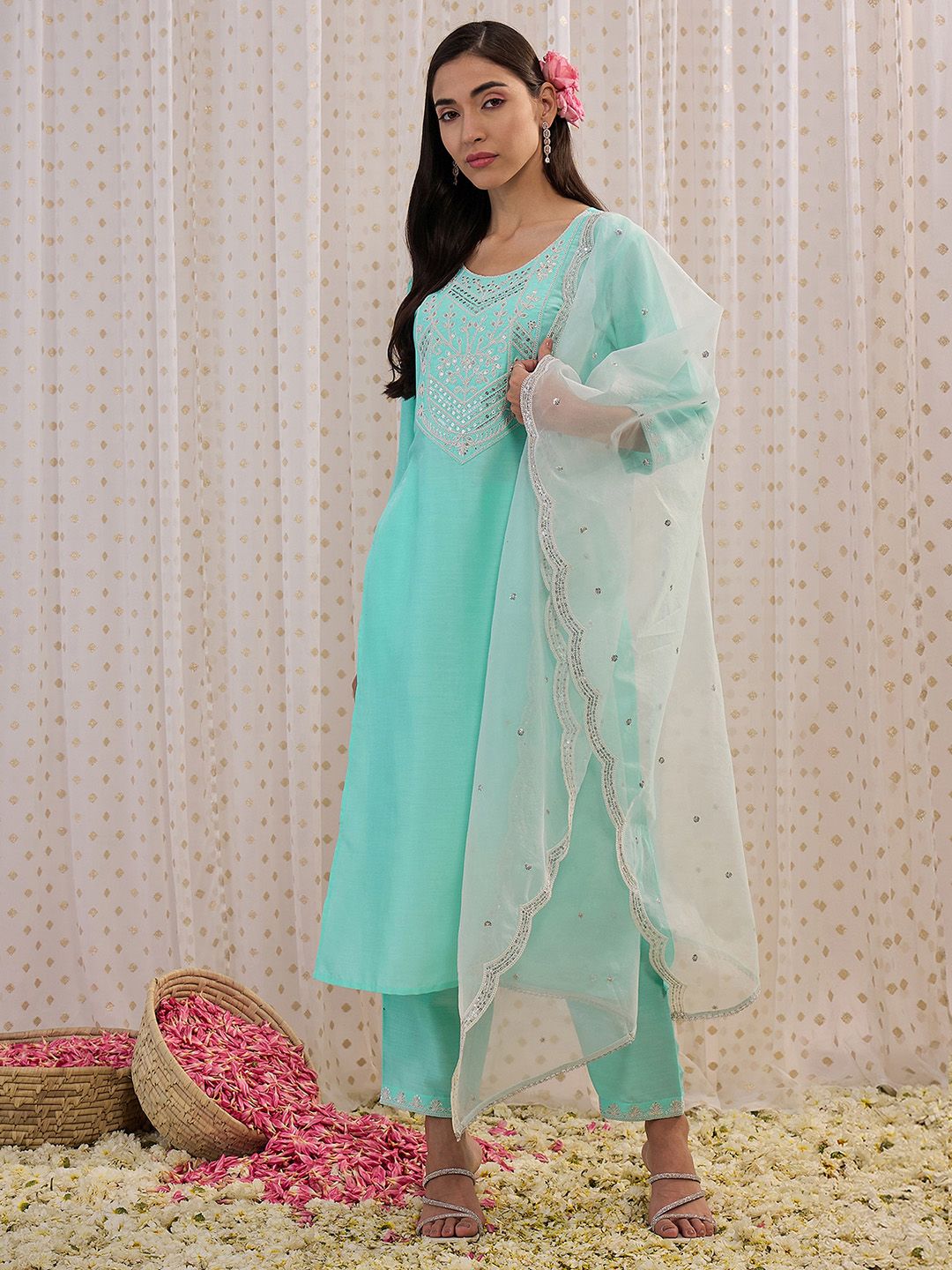 Indo Era Floral Embroidered Regular Aari Work Kurta with Trousers & With Dupatta