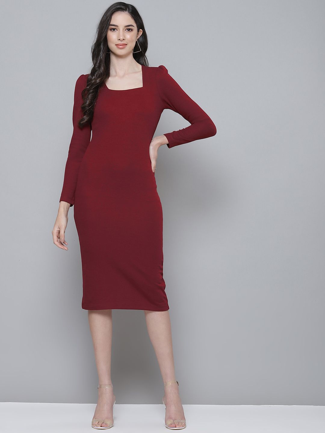 Pakaian Bodycon Berusuk Maroon SASSAFRAS