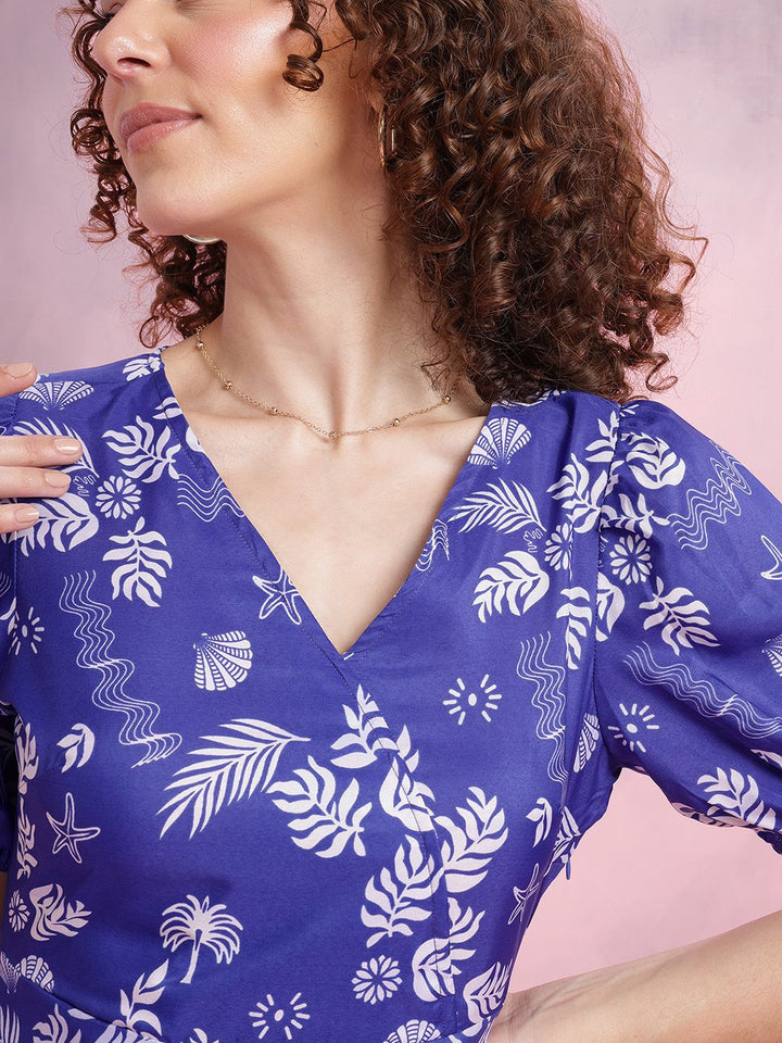 DressBerry Printed Faux Wrap Puff Sleeve A-Line Dress