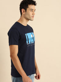 Bewakoof Men Navy Blue Printed Round Neck Pure Cotton T-shirt