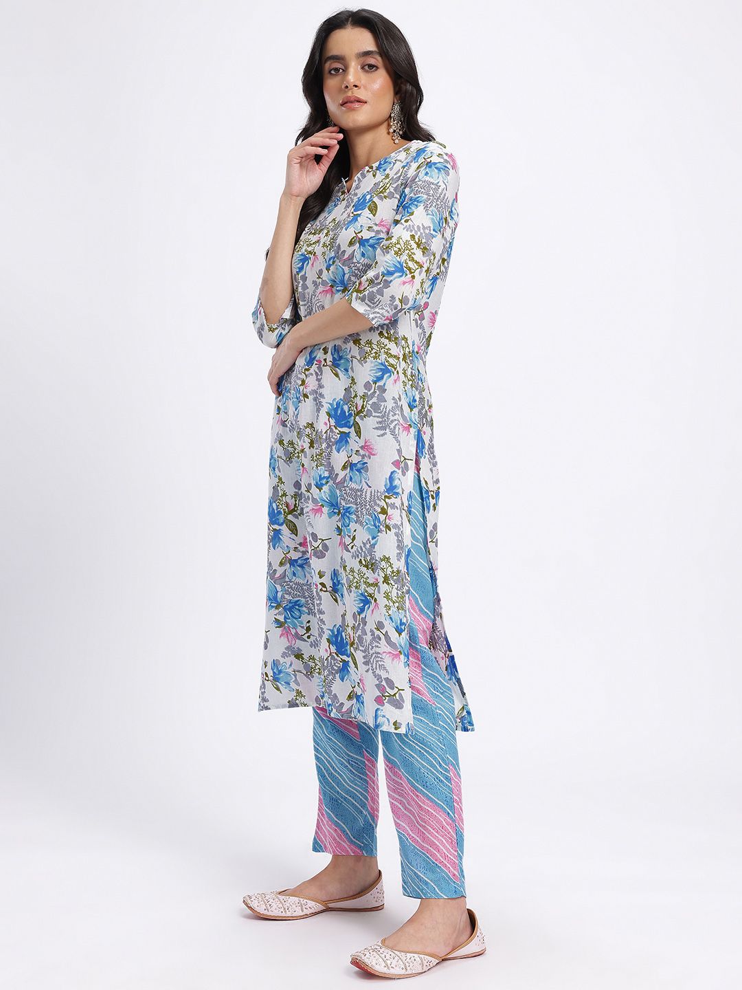 Anouk Floral Printed Pure Cotton Kurta dengan Seluar & Dupatta
