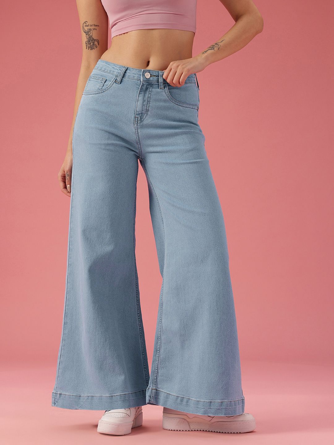 DressBerry Women Wide Leg Mid-Rise Light Fade Stretchable Jeans