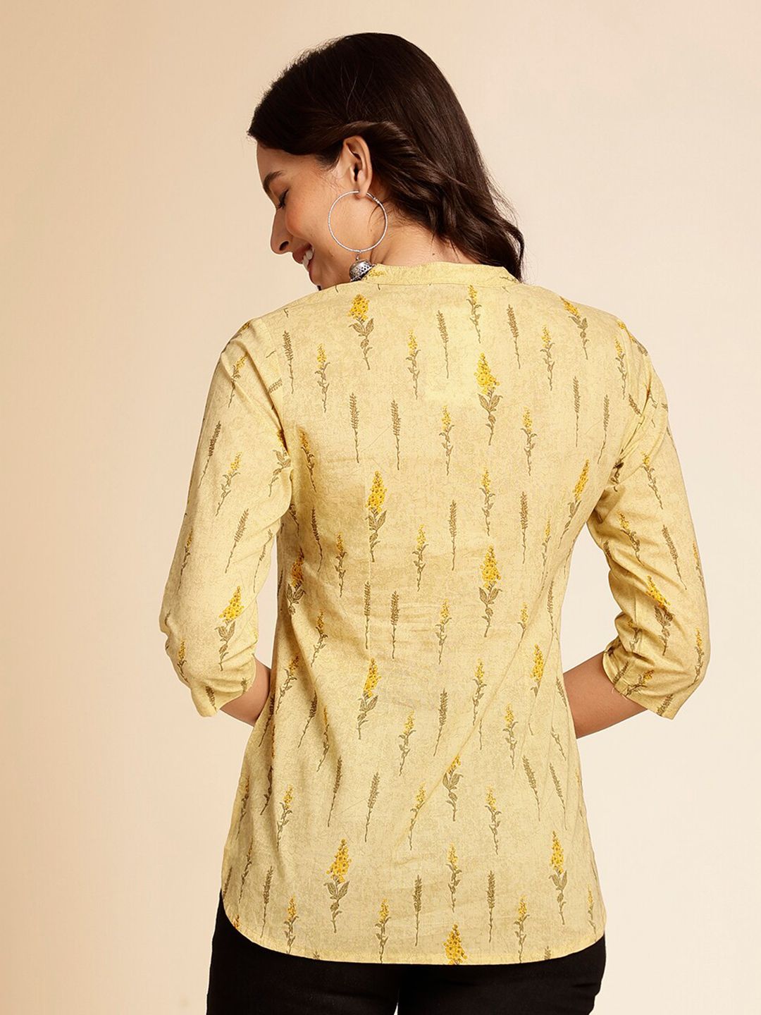 Anouk Mustard Yellow Botanical Printed Mandarin Collar Pure Cotton Short Kurti