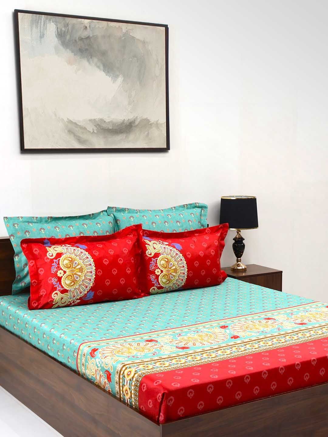 BOMBAY DYEING Celebrating India Green Printed Cotton 300 TC King Bedsheet Set 2.74 x 2.74m