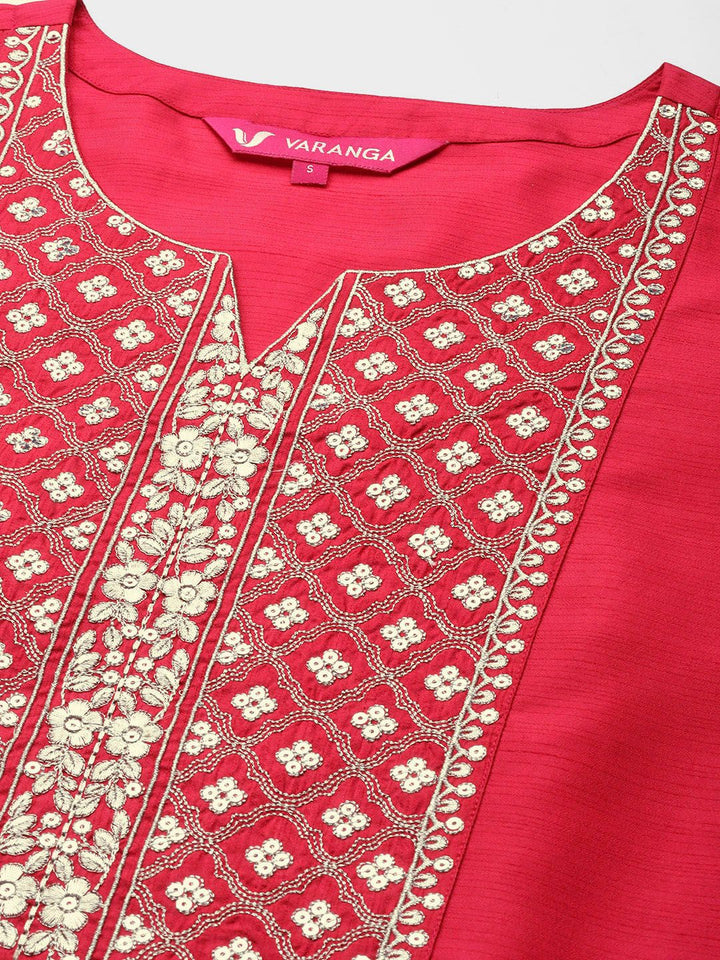 Varanga Women Pink Ethnic Motifs Embroidered Sequinned Kurta with Trousers & With Dupatta