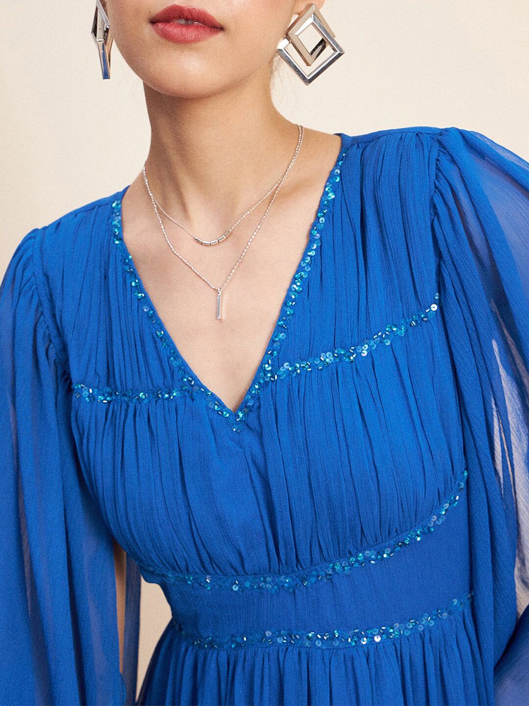 Antheaa Blue V-Neck Slit Sleeves Embellished Detail Maxi Dress