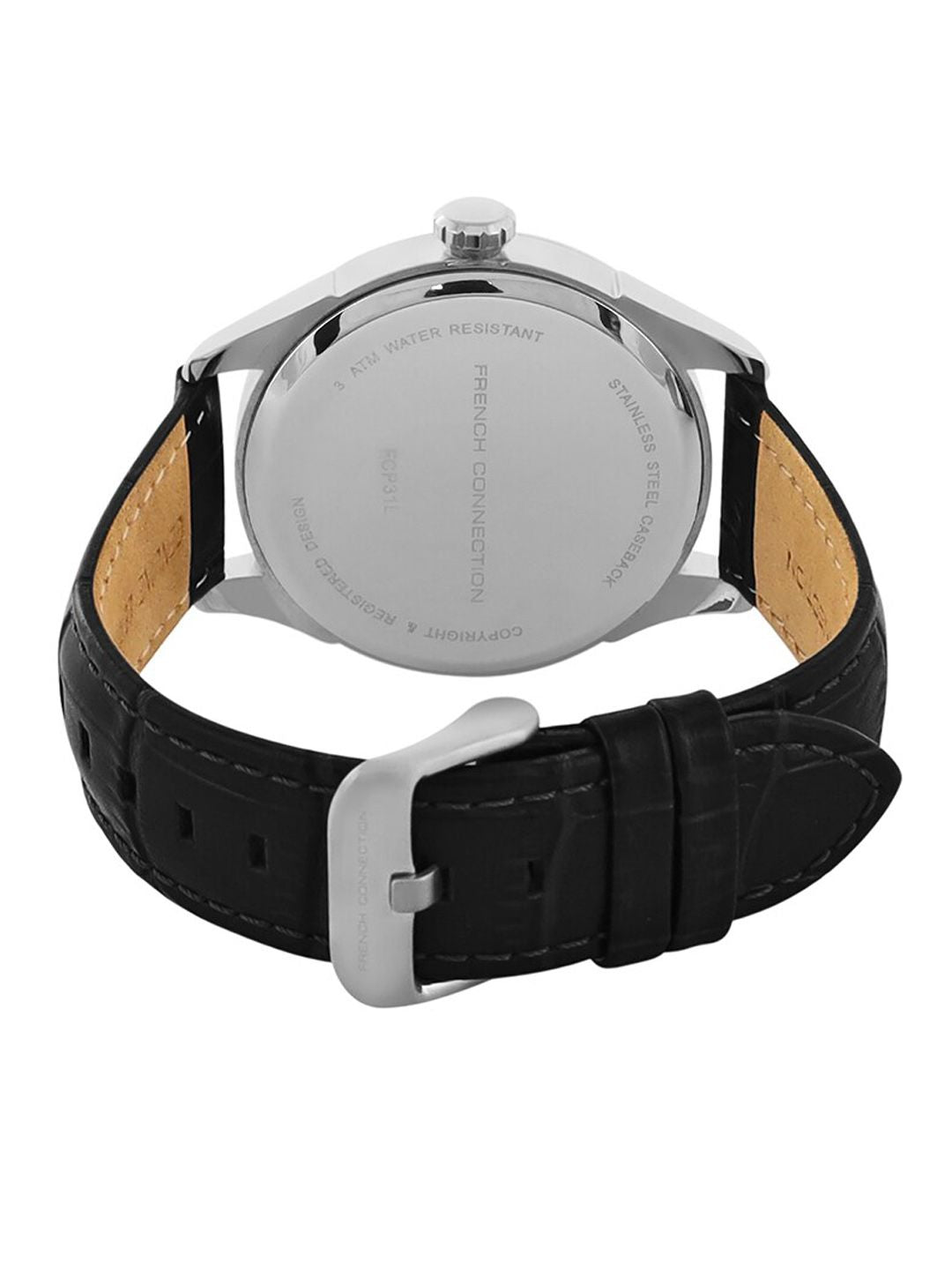 French Connection Men Silver-Toned Dial & Black Leather Straps Analogue Watch FCP31L