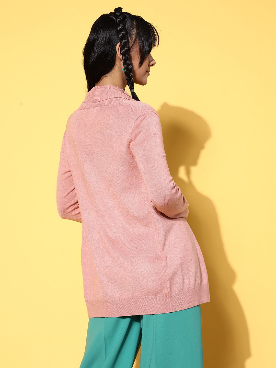 SASSAFRAS Women Pink Ribbed Shawl Collar Front Open Sweater