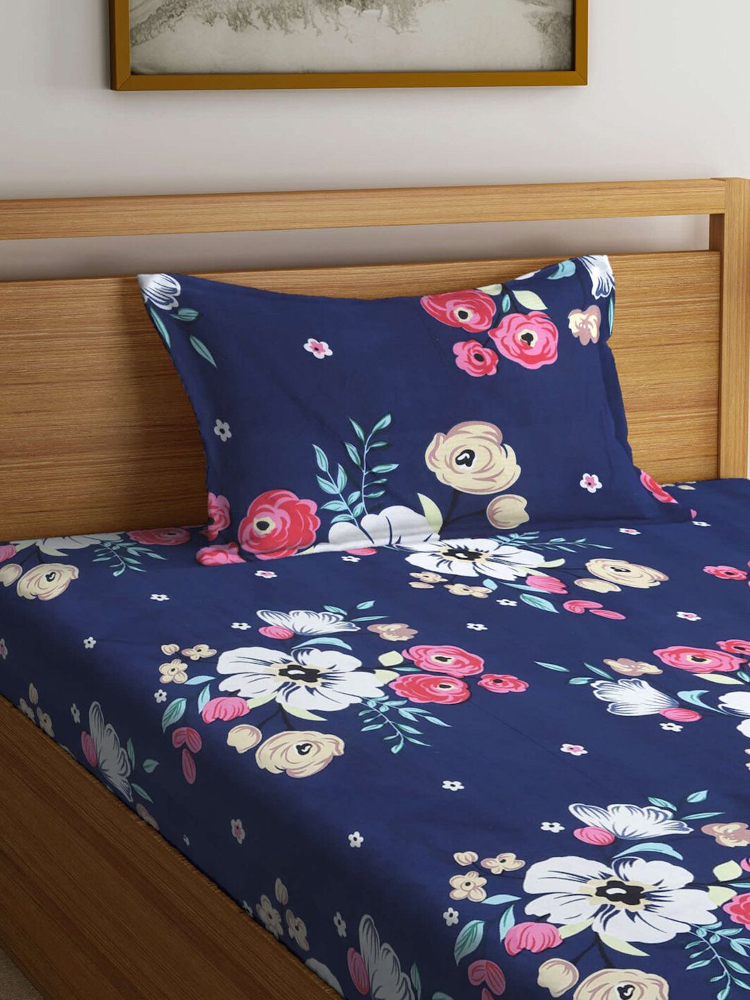 KLOTTHE Biru & Putih Bunga 300 TC Cadar Bujang dengan 1 Sarung Bantal