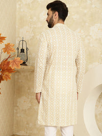SOJANYA Men Beige Floral Embroidered Mirror Work Kurta