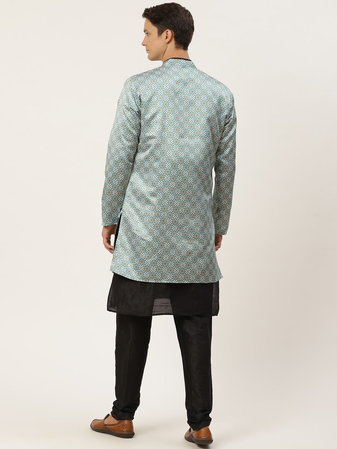SOJANYA Lelaki Motif Etnik Hijau & Hitam Cetak Kurta & Churidar dengan Jaket Disesuaikan