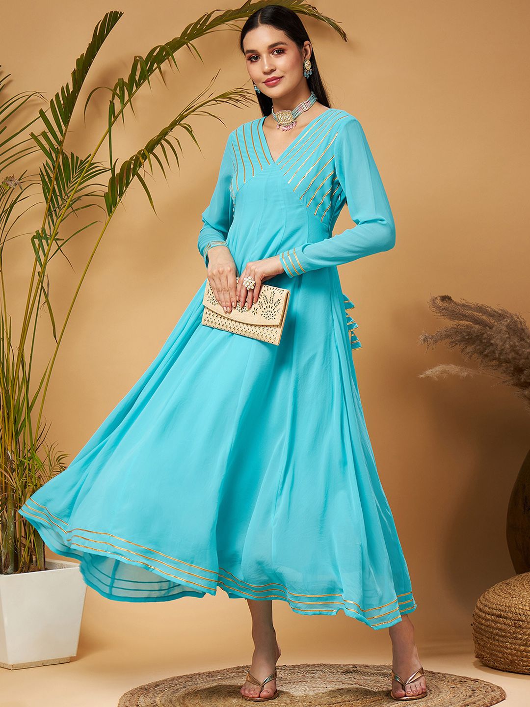 Shae by SASSAFRAS Blue Gotta Patti Detail Anarkali Maxi Dress