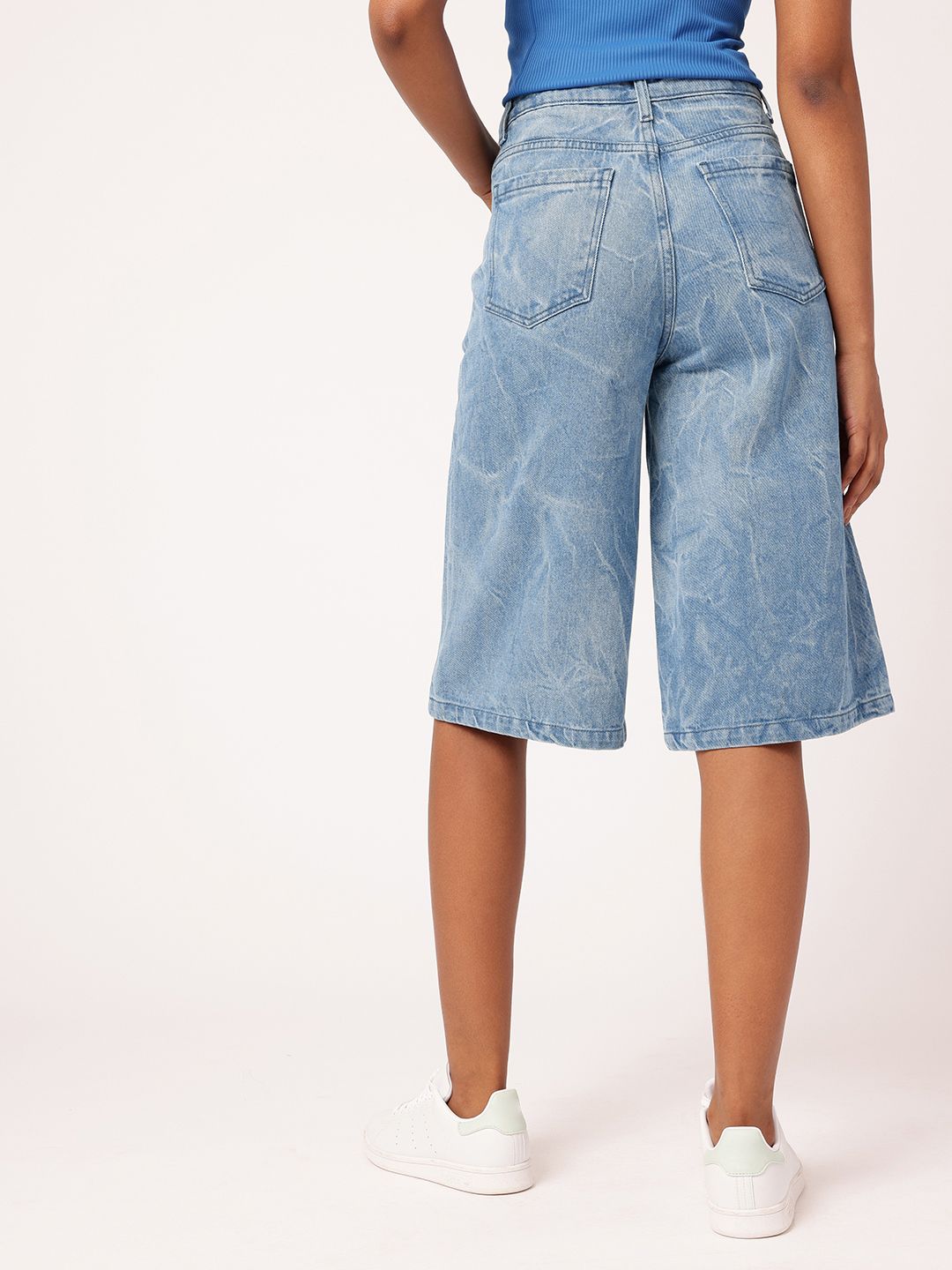 DressBerry Women Urban Street Crinkle Effect Washed Knee Length High Rise Denim Shorts