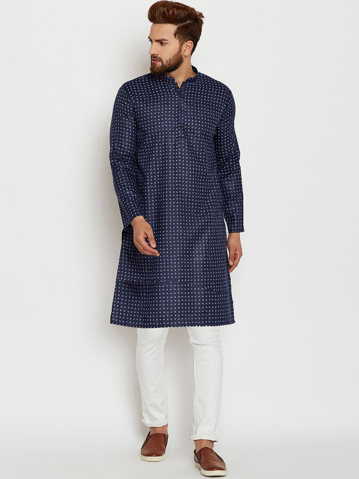 SOJANYA Lelaki Navy Blue & Off-White Printed Straight Kurta