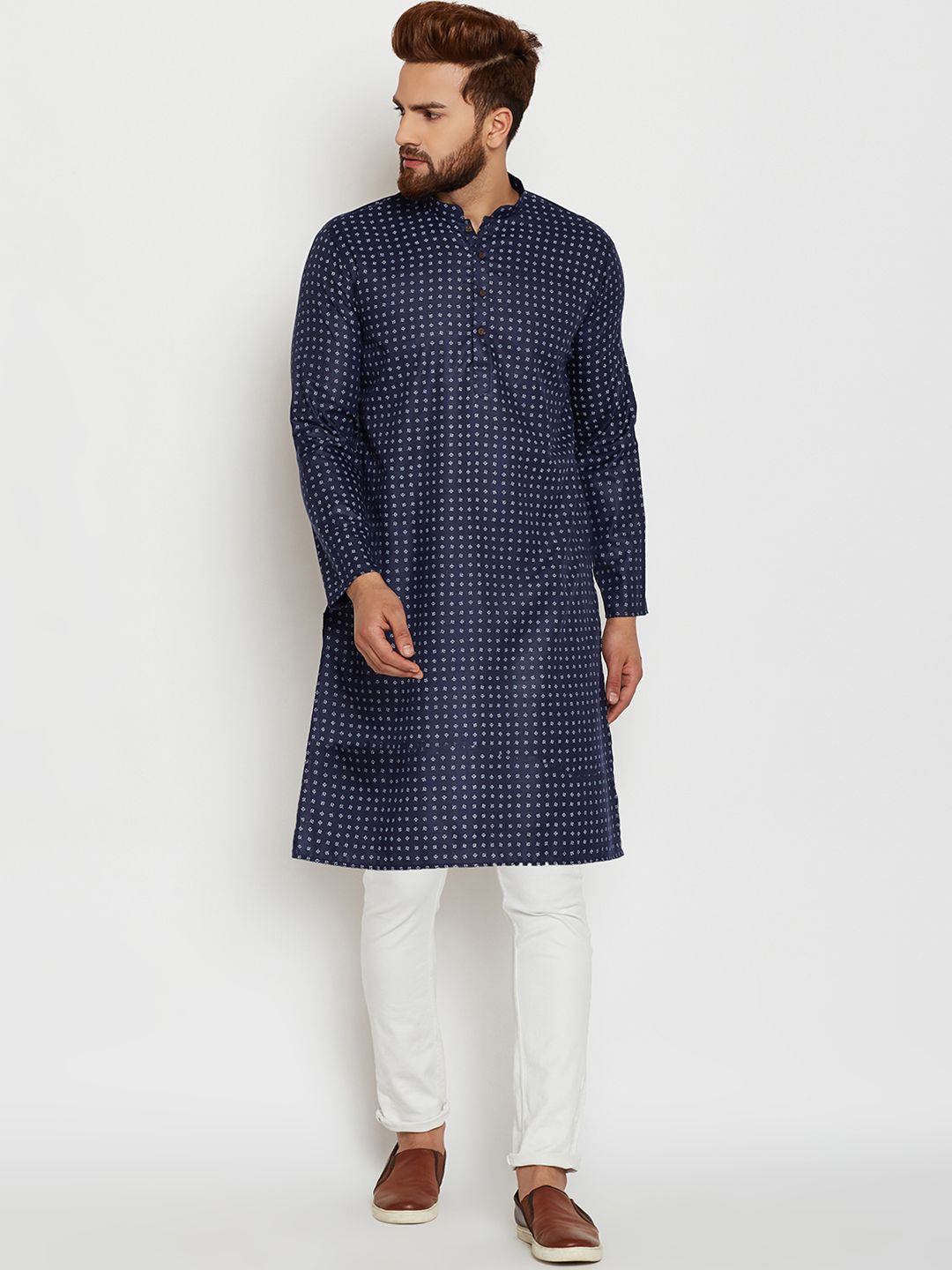 SOJANYA Lelaki Navy Blue & Off-White Printed Straight Kurta