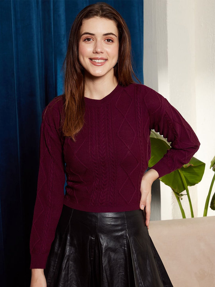Berrylush Burgundy Cable Knit  Self Design Acrylic Crop Pullover Sweater