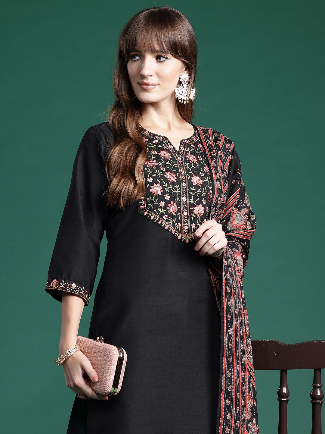 Indo Era Floral Yoke Design Thread Work Kurta With Trousers & Dupatta
