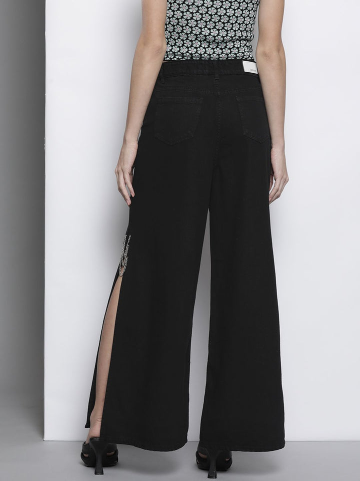 SASSAFRAS Women Black Flared High-Rise Cotton Chain Slit Jeans