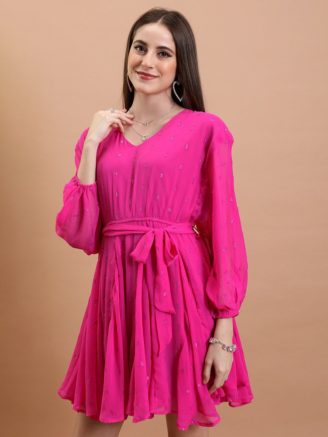 Tokyo Talkies Abstract Printed tiV-Neck Puff Sleeves Tie-Ups Detail Fit & Flare Mini Dress
