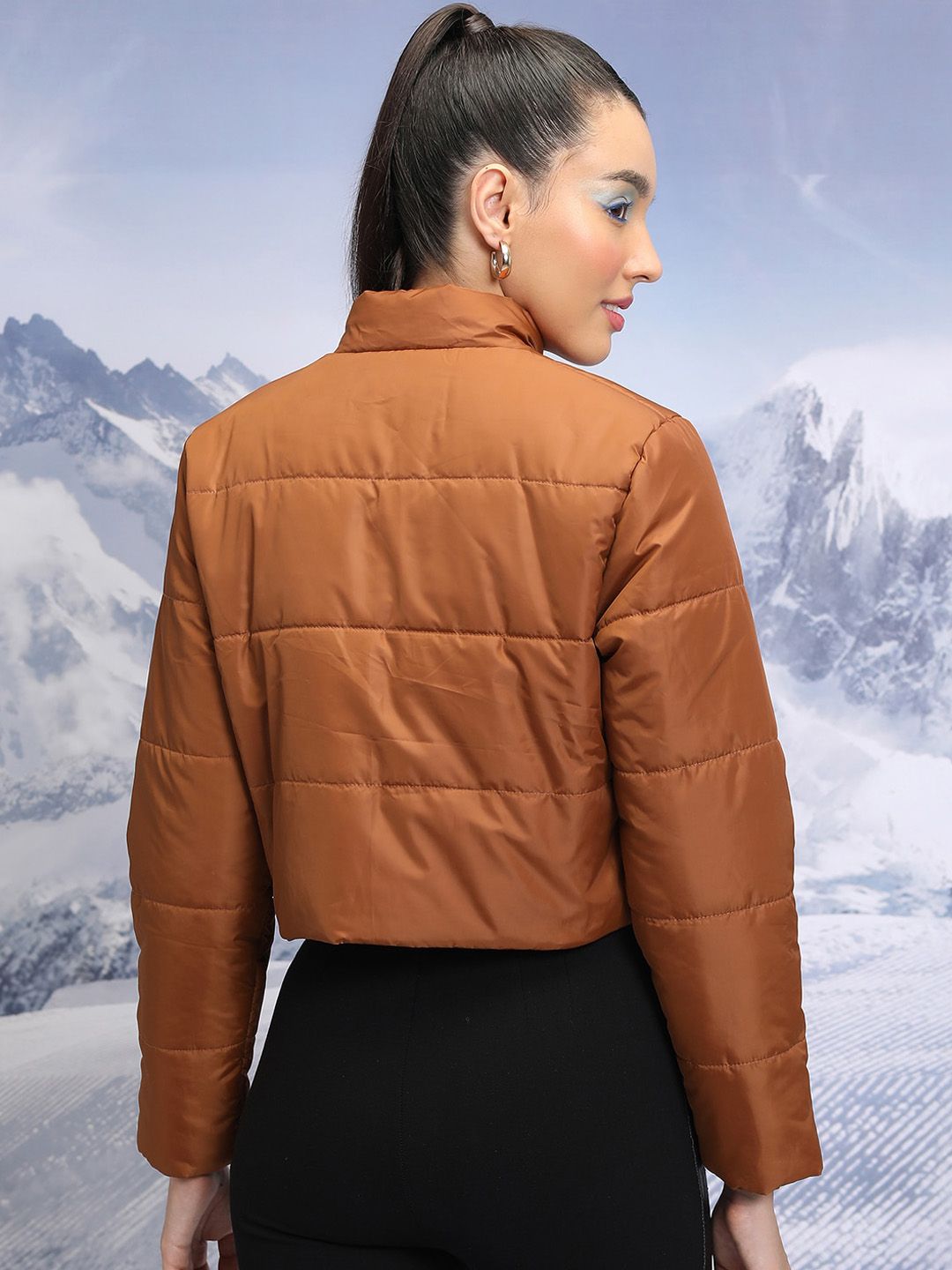 Tokyo Talkies Brown Mock Collar Crop Padded Jacket