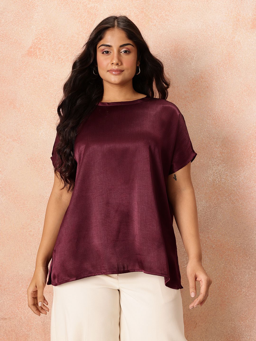 all about you Plus Size Extended Sleeves Sheen Satin-Finish Top