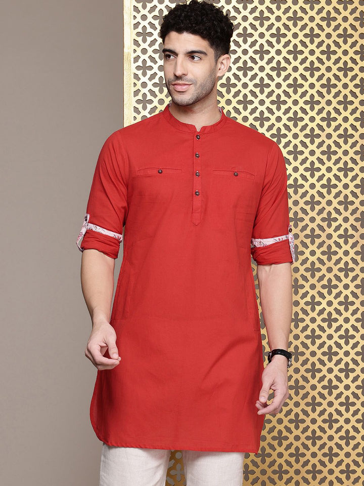 House of Pataudi Mandarin Collar Roll-Up Sleeves Pure Cotton Pathani Rozana Kurta
