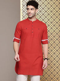 House of Pataudi Mandarin Collar Roll-Up Sleeves Pure Cotton Pathani Rozana Kurta