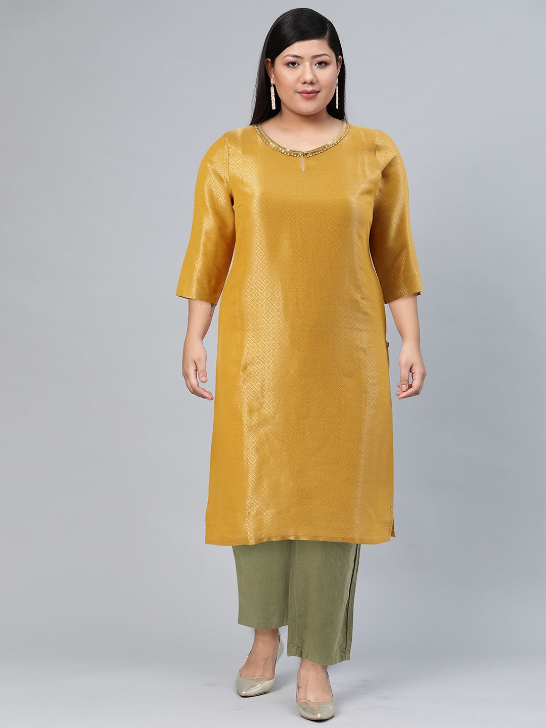 W Women Yellow Keyhole Neck Thread Work Asymmetric Kurta