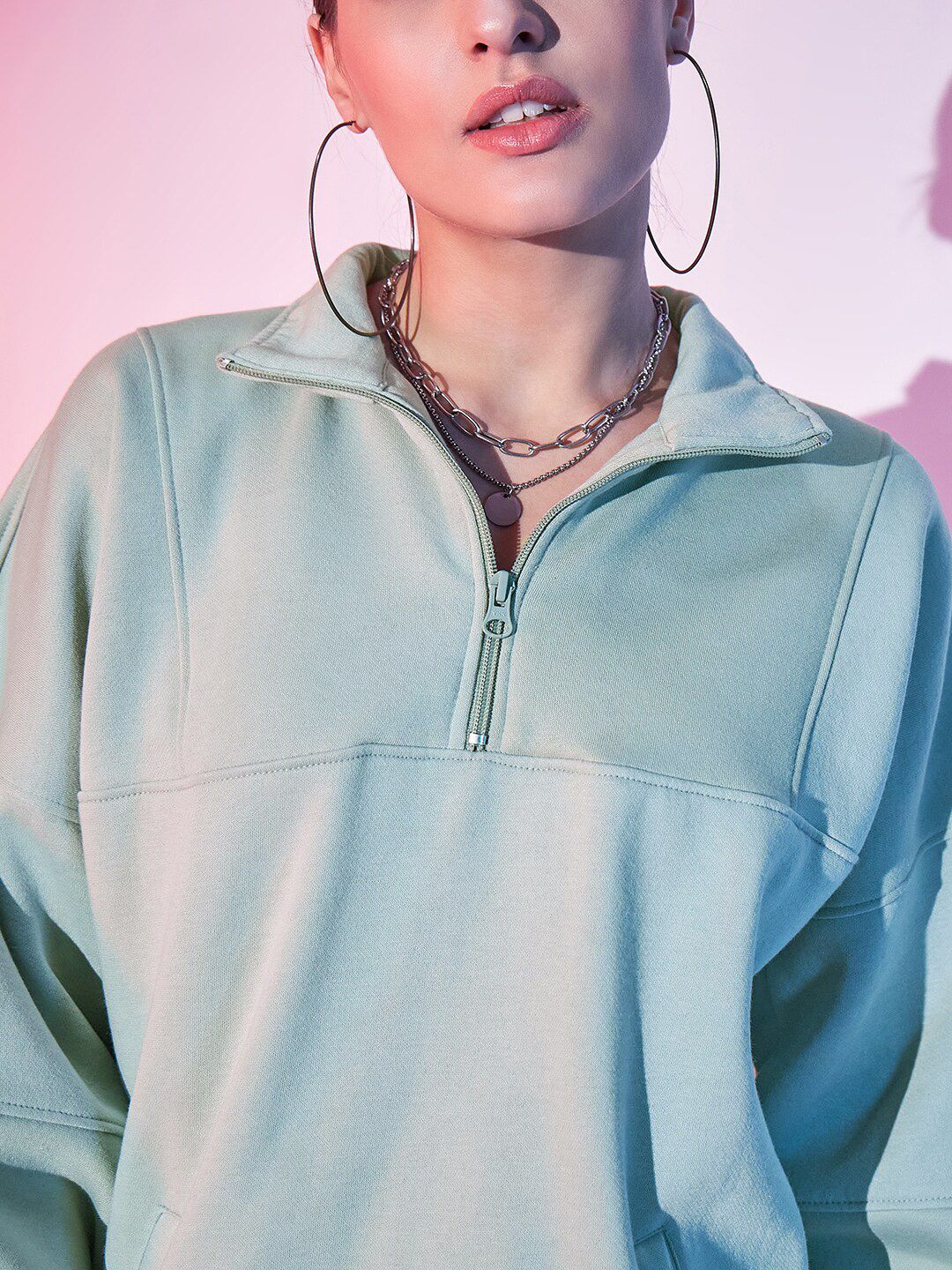STREET 9 Typography Printed Mock Collar Half Zipper Fleece & Cotton Pullover Sweatshirt