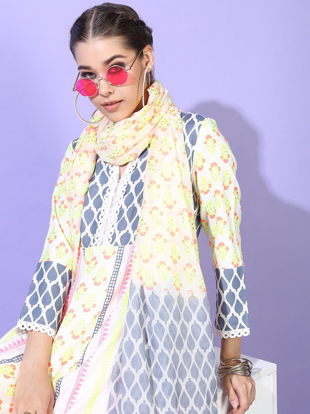 Vishudh Women Floral Viscose Rayon Kurta with Trouser with Dupatta