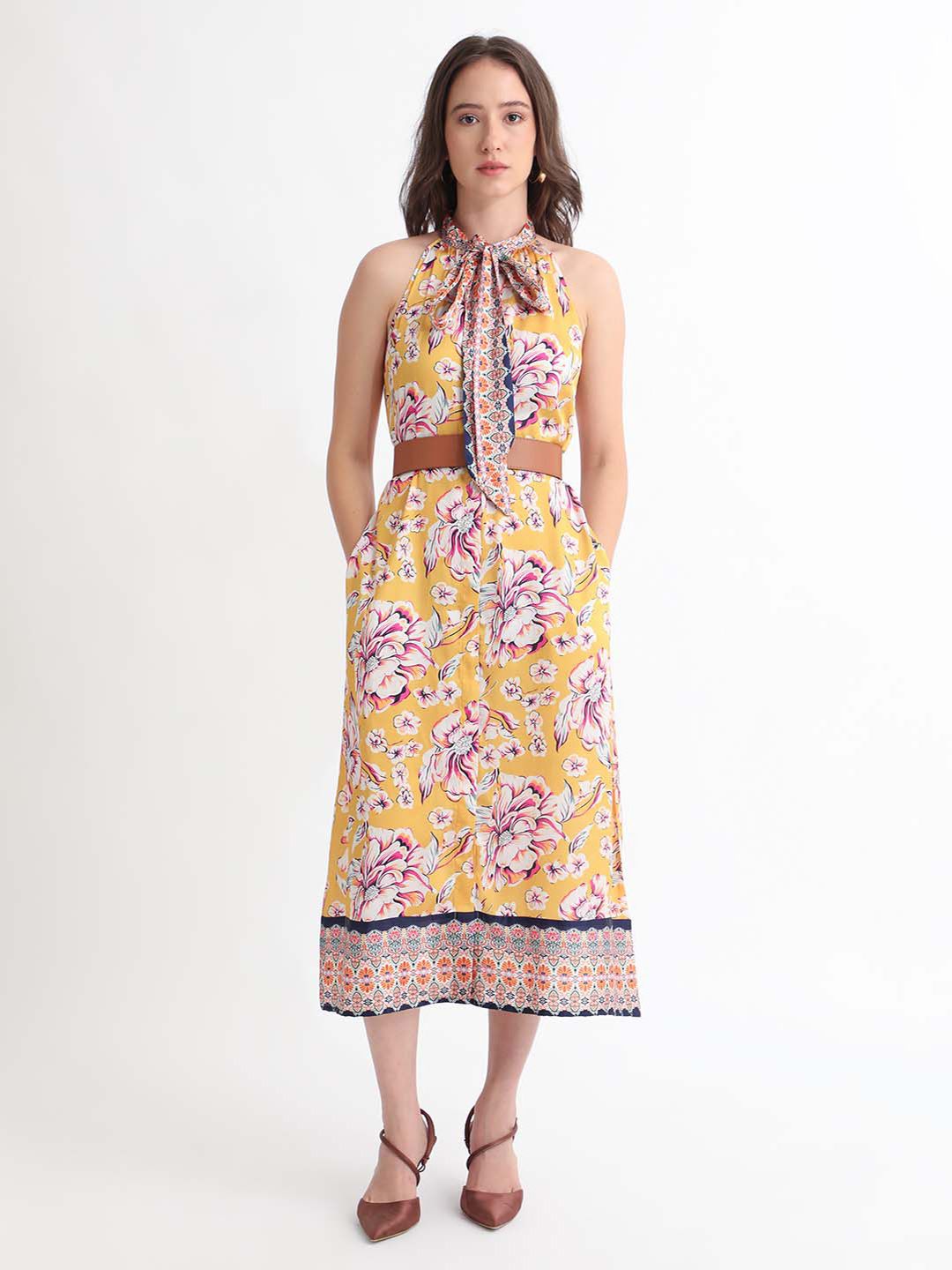 RAREISM Floral Print Tie Up A-Line Dress
