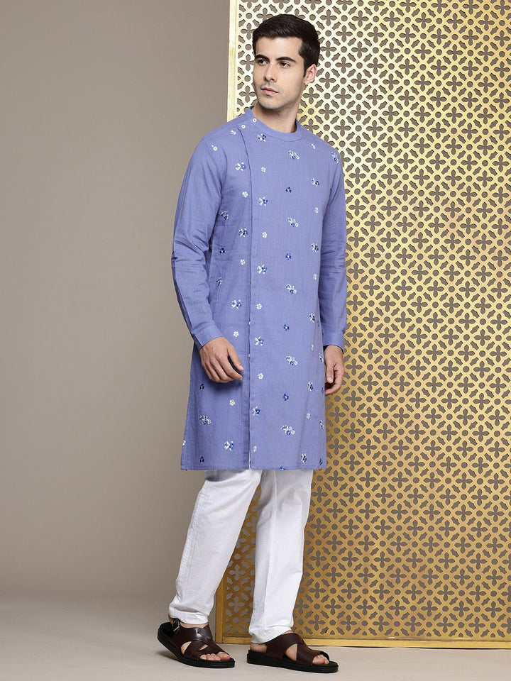 House of Pataudi Floral Embroidered Band Collar Pure Cotton Jashn Kurta