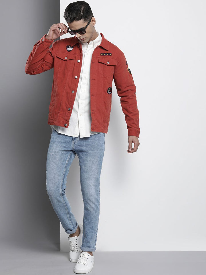 The Indian Garage Co Men Slim Fit Denim Trucker Jacket with Double Flap Pockets