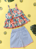 Nauti Nati Girls Blue & Coral Orange Printed Top & Solid Shorts