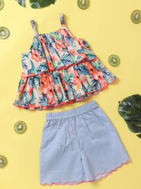 Nauti Nati Girls Blue & Coral Orange Printed Top & Solid Shorts