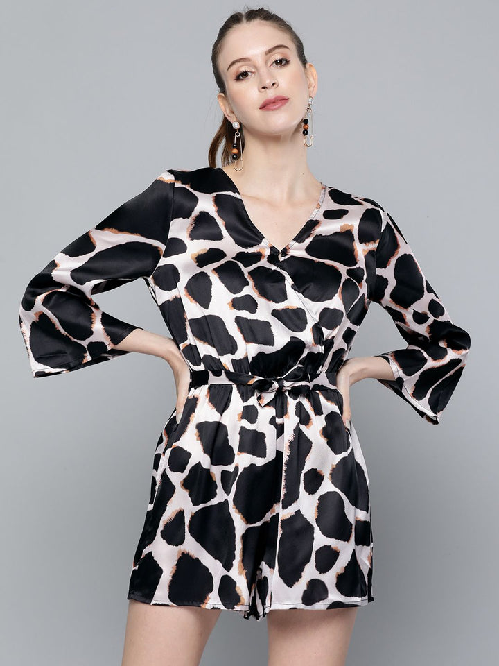 SASSAFRAS Off White & Black Animal Print Satin Playsuit