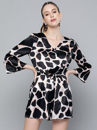 SASSAFRAS Off White & Black Animal Print Satin Playsuit
