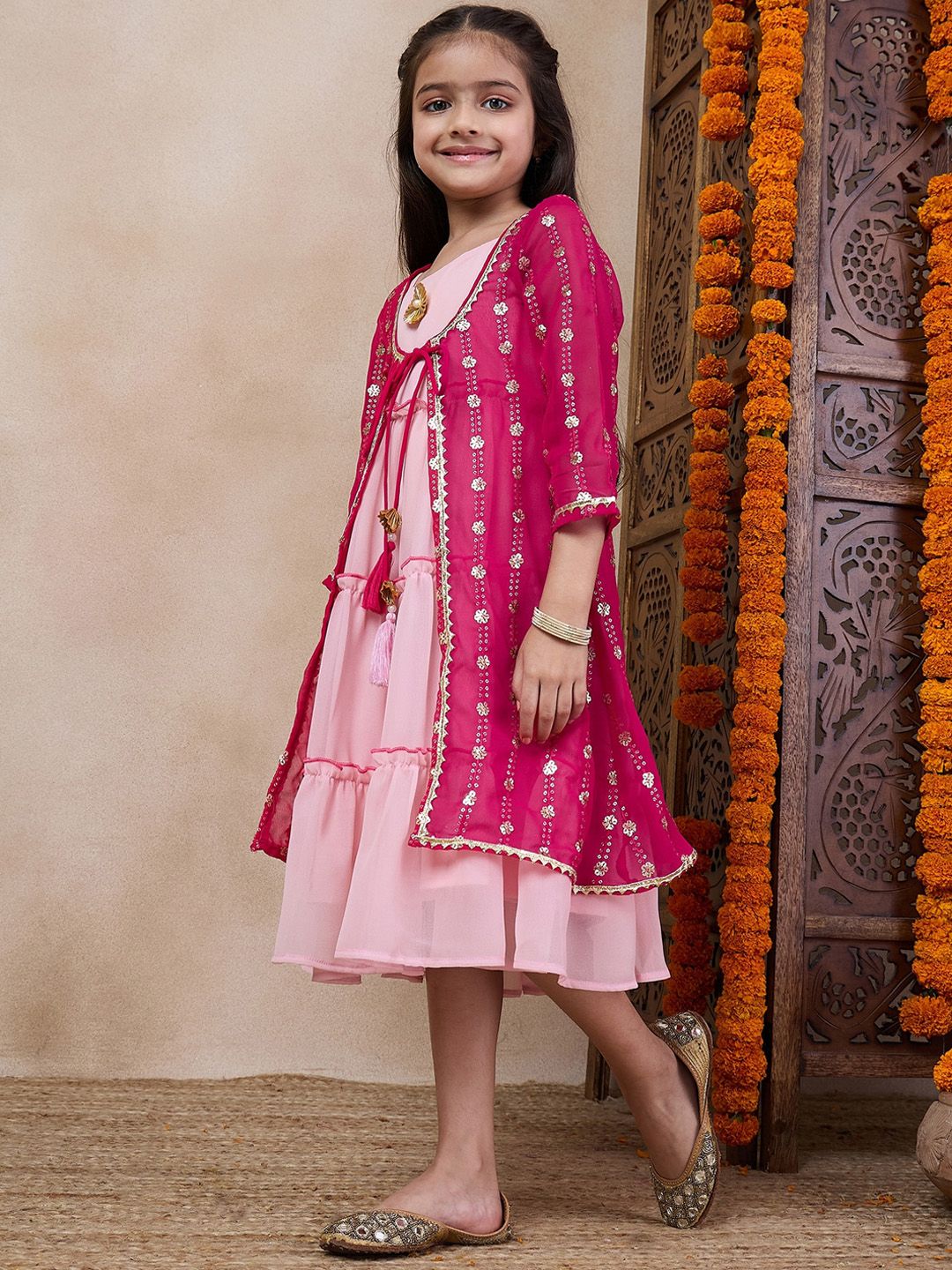 pspeaches Girls Tiered Sleeveless A-Line Midi Georgette Ethnic Dress With Embroidered Shrug