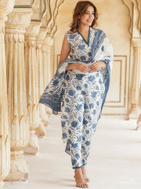 KALINI Floral Printed V-Neck Pure Cotton Straight Kurta & Trousers With Dupatta
