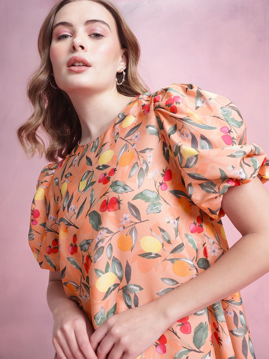 DressBerry Tropical Print Puff Sleeve A-Line Mini Dress
