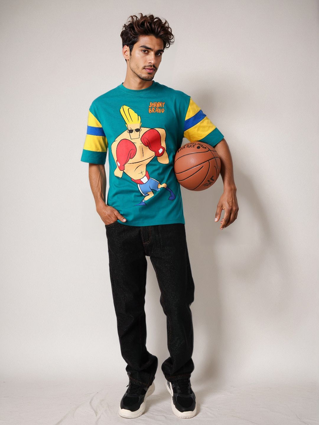 The Indian Garage Co Men Johnny Bravo Graphic Printed Round Neck Cotton Oversized T-shirt