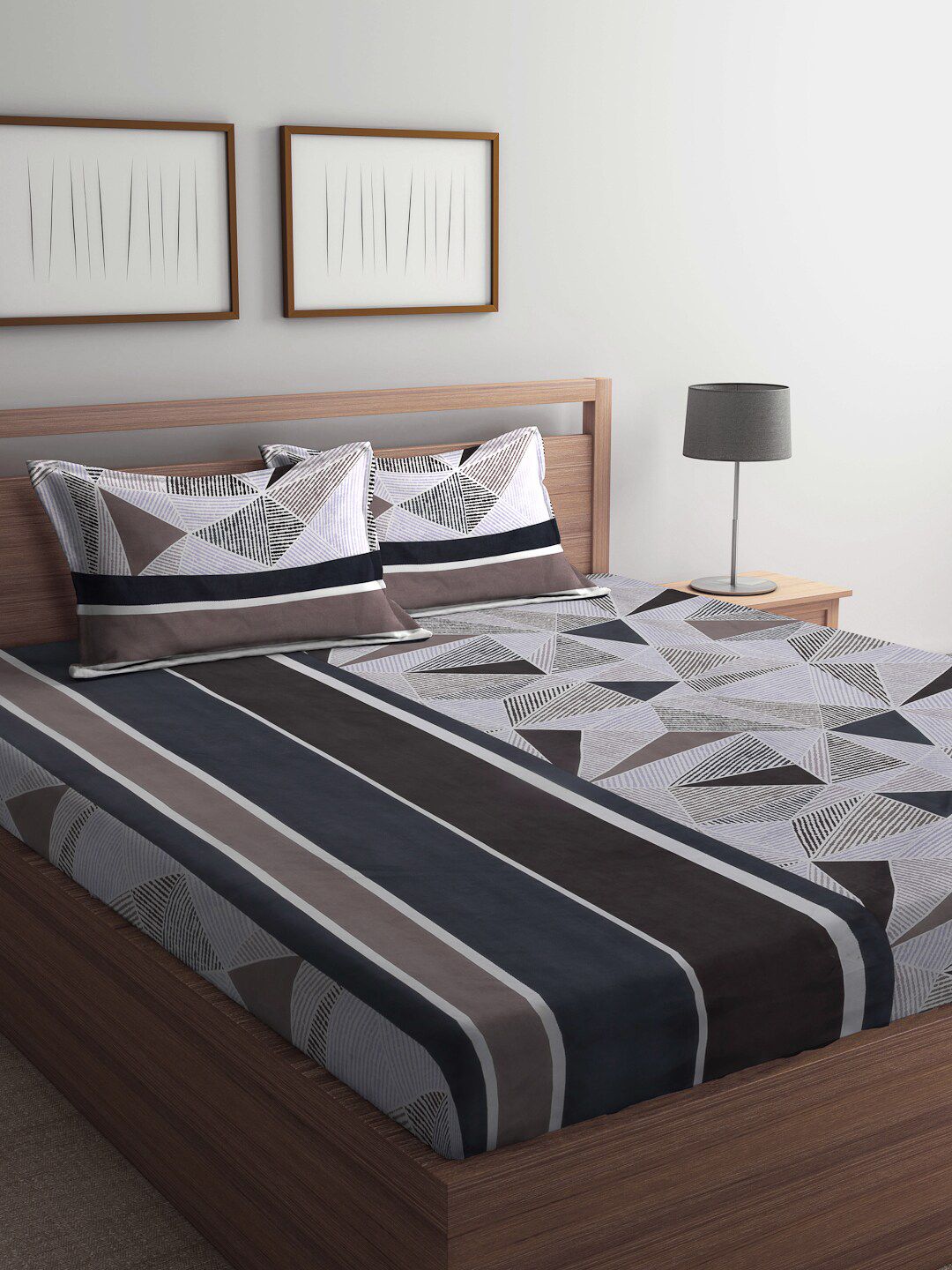 KLOTTHE Grey Abstract Polycotton 300 TC Fitted King Fine Bedsheet with 2 Pillow Covers-250 x 220 cm