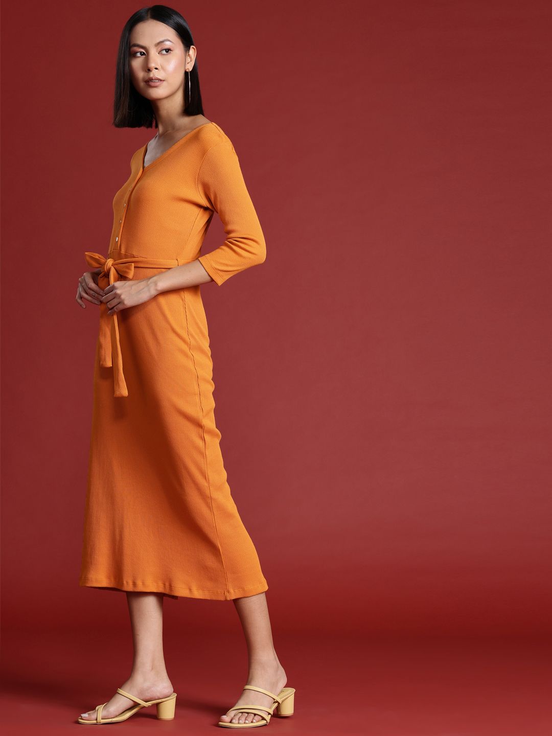 all about you Pure Cotton Ribbed Midi Dress with Belt