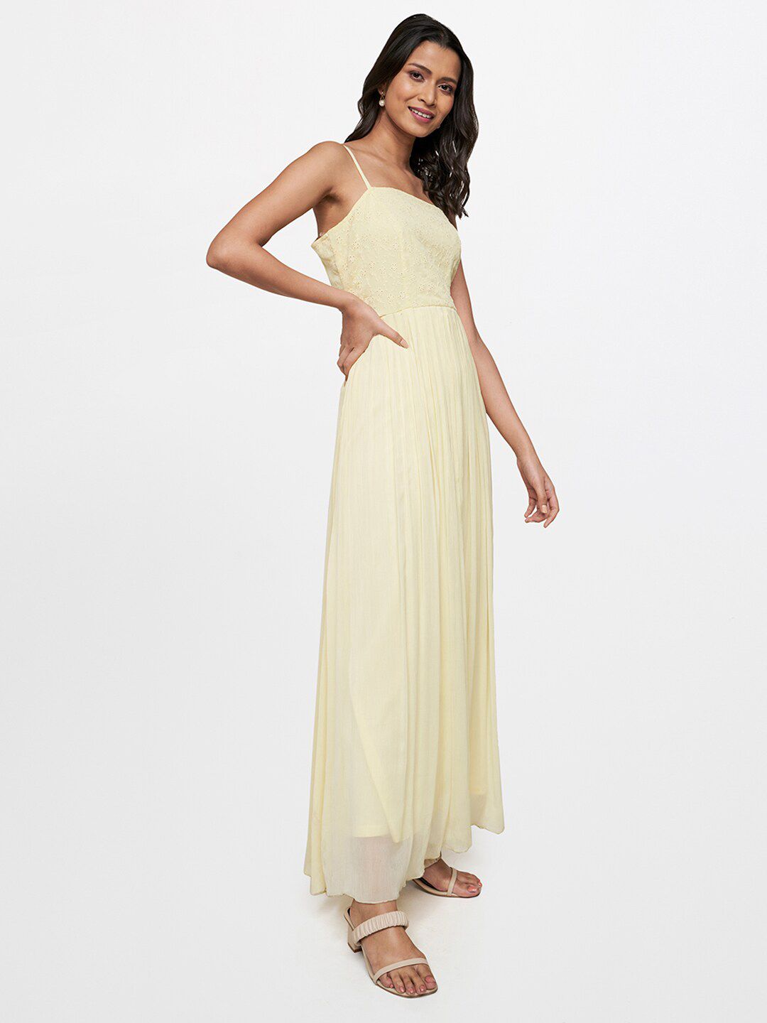 AND Women Lime Yellow Floral Schiffli A-Line Maxi Dress