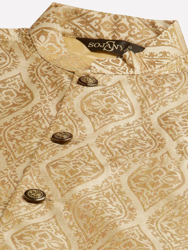 SOJANYA Men Orange Ethnic Motifs Jacquard Silk Kurta with Churidar & Nehru Jacket