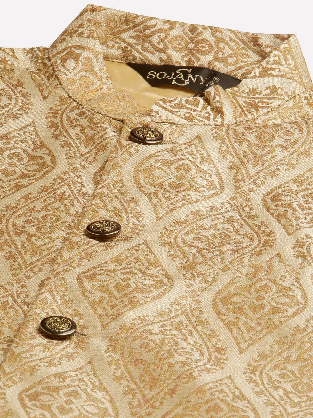 SOJANYA Men Orange Ethnic Motifs Jacquard Silk Kurta with Churidar & Nehru Jacket