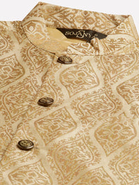 SOJANYA Lelaki Motif Etnik Jingga Kurta Sutera Jacquard dengan Jaket Churidar & Nehru