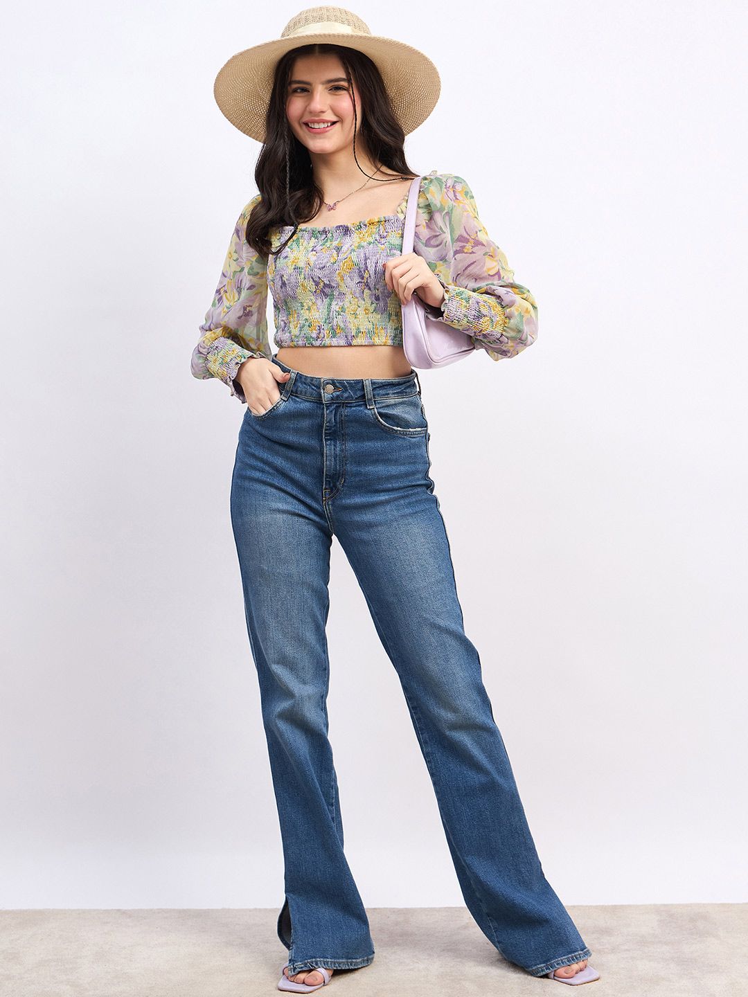 Berrylush Floral Print Bishop Sleeves Georgette Crop Top